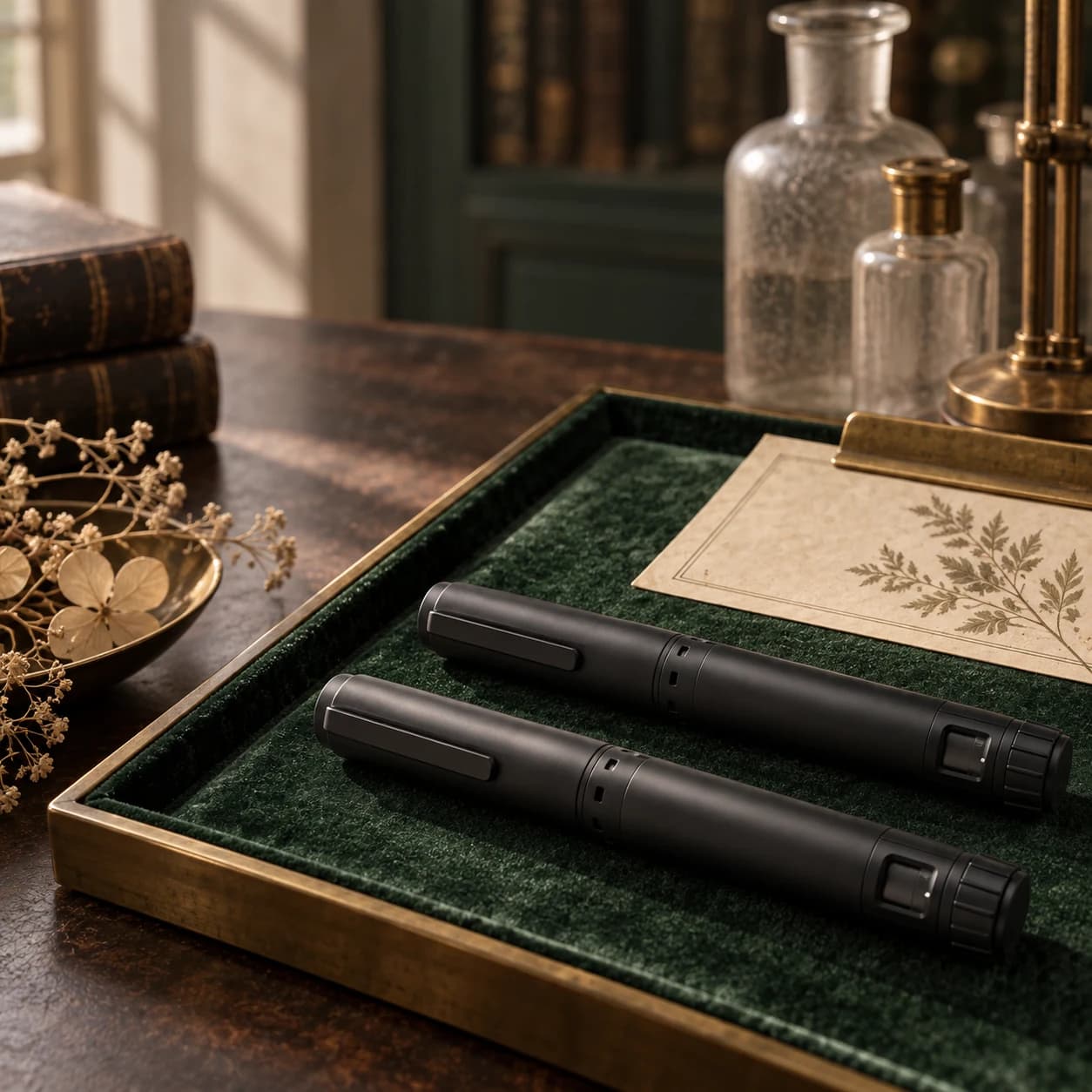 Prefilled research pens presented on a forest green archival tray
